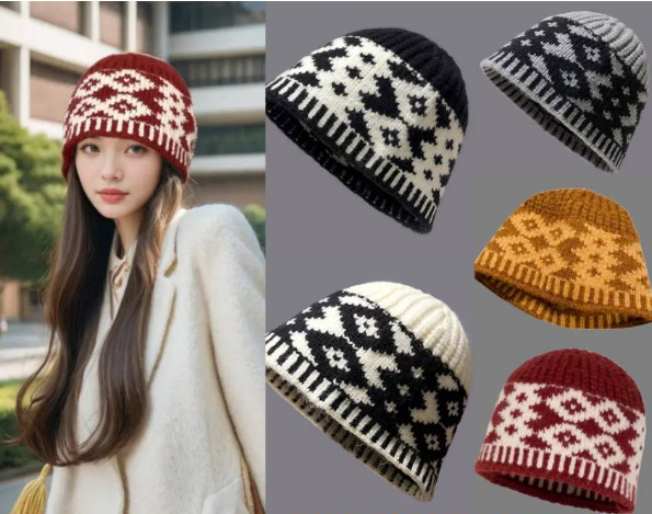韓國新款小眾設計感 拼色菱形格針織漁夫帽 女秋冬季毛線帽保暖帽子 韓國新款小眾設計感 拼色菱形格針織漁夫帽 女秋冬季毛線帽保暖帽子